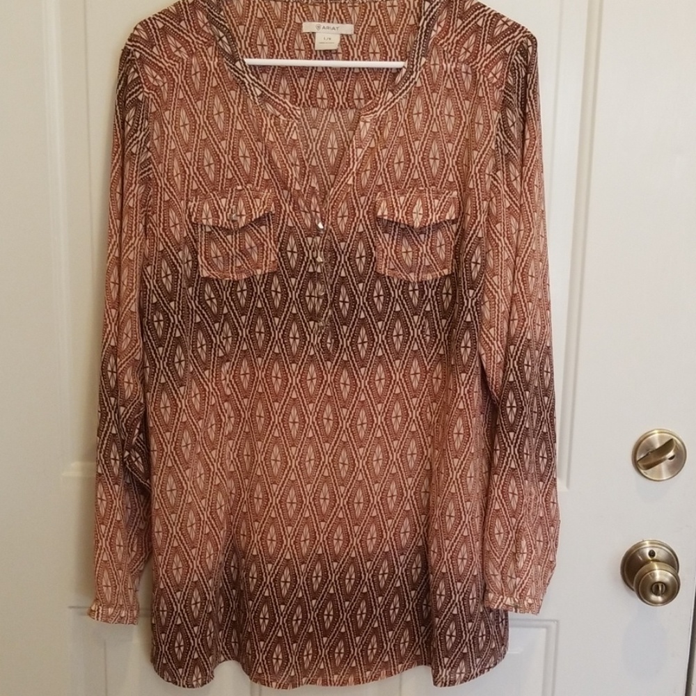 Beautiful sheer tan, cream and brown blouse
